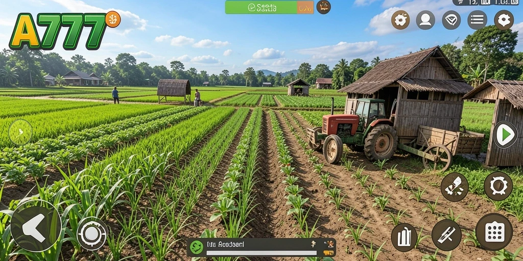 Tampilan gameplay A7777 dengan ladang subur dan hewan peliharaan yang ceria.