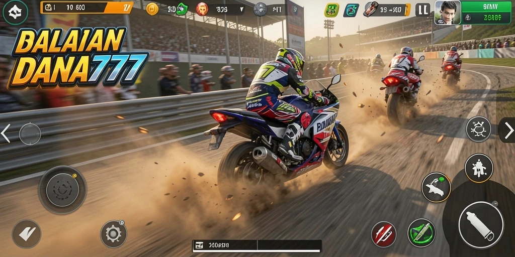 Tampilan gameplay menegangkan dalam DANA777 saat balapan motor.