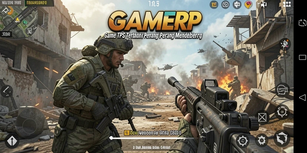 Screenshot GAMERP menampilkan aksi pertempuran seru dalam game TPS.