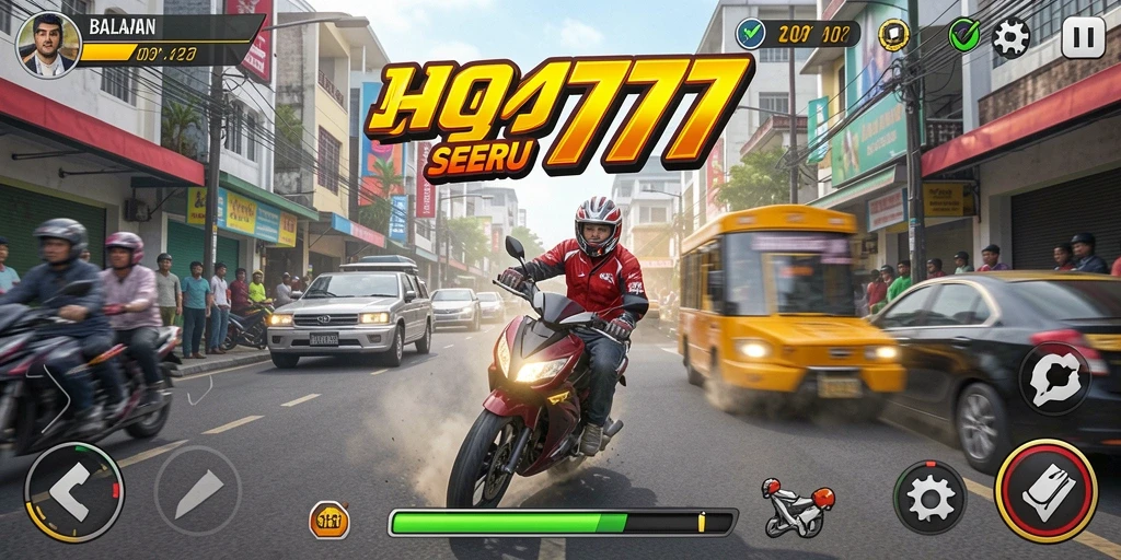 Tampilan gameplay HQ777 dengan mobil balap melaju kencang di trek.