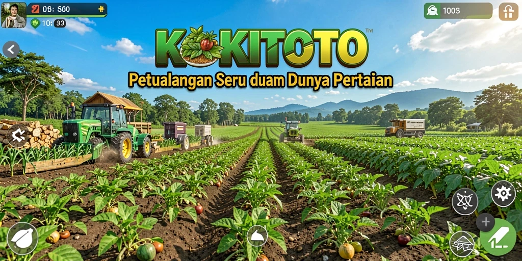 Screenshot gameplay KOKITOTO menampilkan ladang yang subur dan hewan ternak yang lucu.