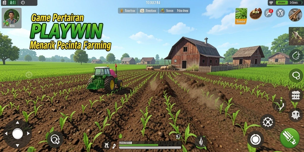 Tampilan gameplay menarik dari <strong>PLAYWIN</strong> dengan aktivitas bertani dan memanen.