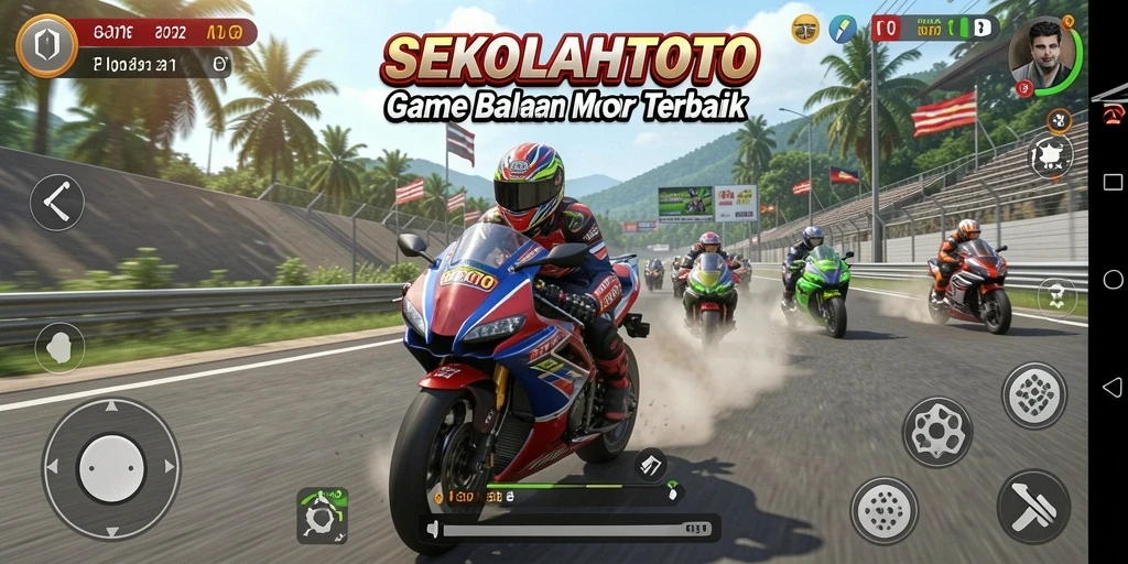 Screenshot gameplay dari SEKOLAHTOTO yang menampilkan balapan motor yang seru.