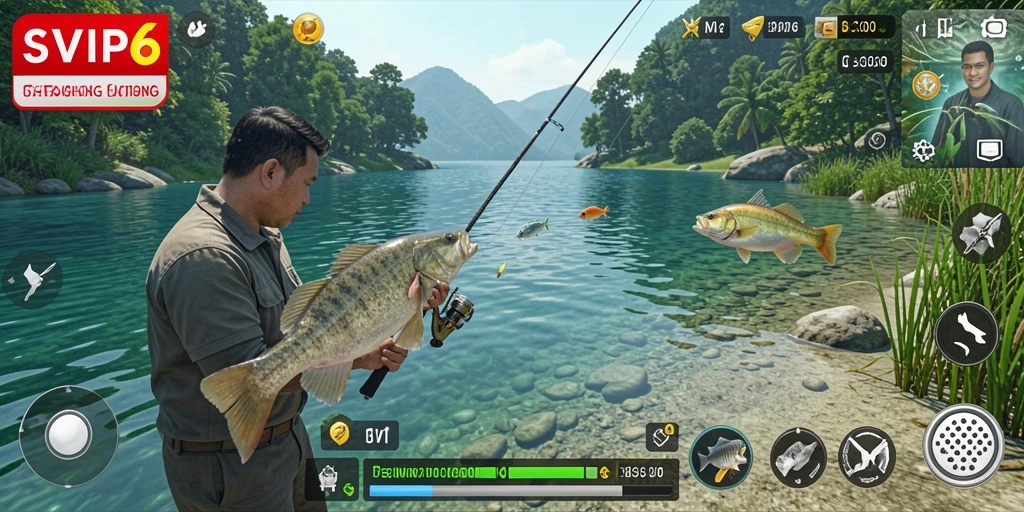 Screenshot gameplay SVIP6 yang menunjukkan pemain menangkap ikan.